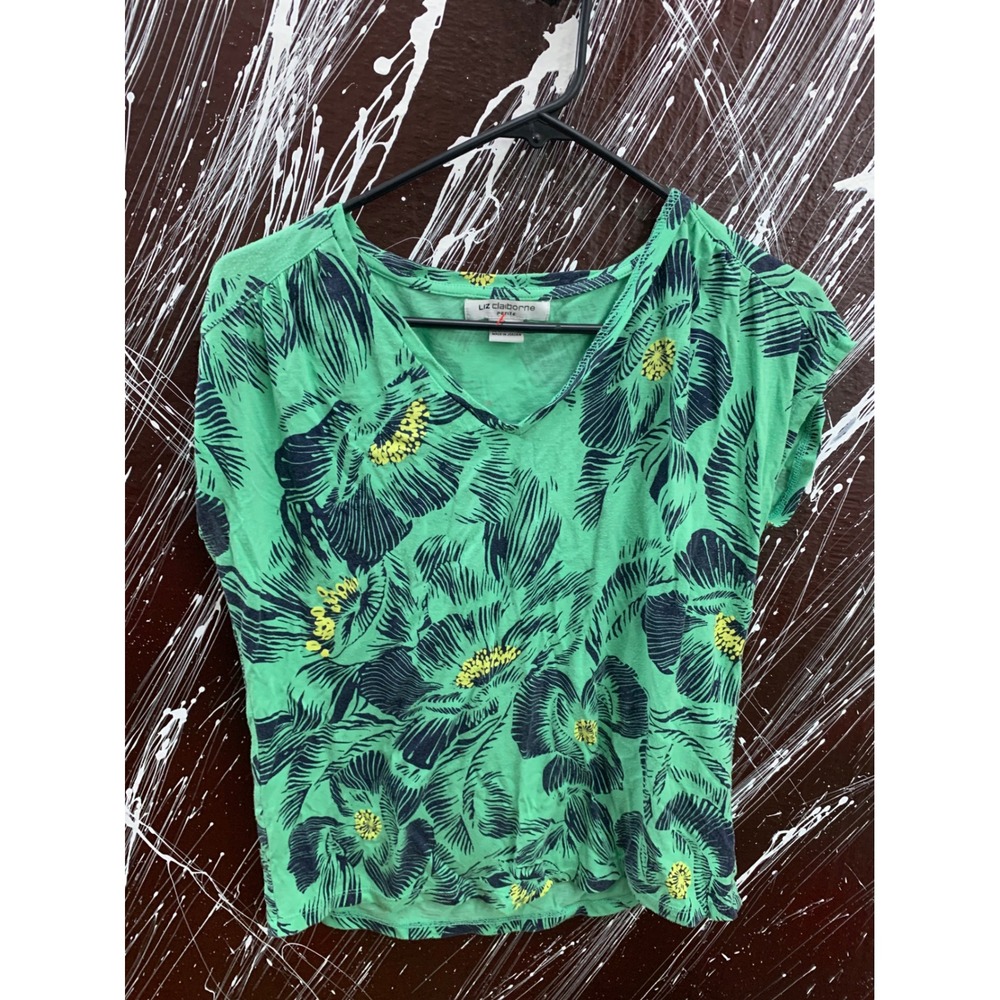 Liz Claiborne Petite PM Green Navy Floral V-Neck Short Sleeve Top Blouse